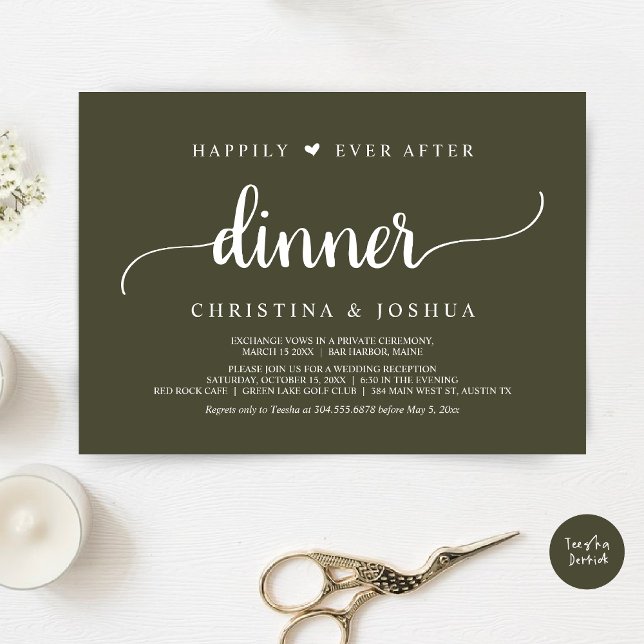 Rustikales Hochzeitspazierengehen glücklich immer  Einladung (Happily Ever After Dinner Invitation Card, Modern Elopement Rustic Script, PDF, Olive Green)