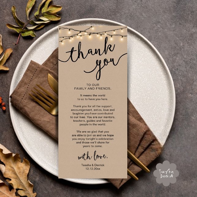 Rustikales Hochzeitsplatz Abendessen dank Karte (Rustic Wedding Place Setting Rehearsal Dinner Thank you Card in brown kraft string lights theme)