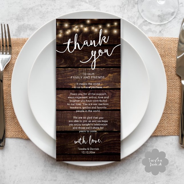 Rustikales Hochzeitsplatz Abendessen dank Karte (Rustic Wedding Place Setting Rehearsal Dinner Thank you Card in brown wood string lights theme)