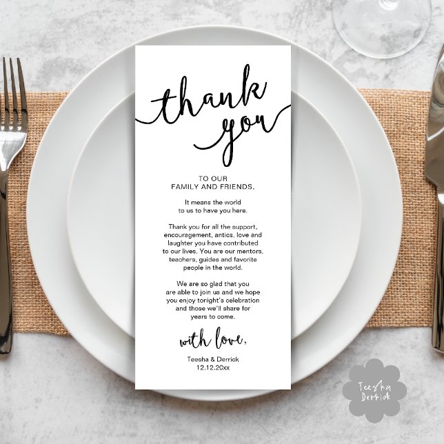 Rustikales Hochzeitsplatz Abendessen dank Karte (Rustic Wedding Place Setting Rehearsal Dinner Thank you Card Plate Decor White Black)