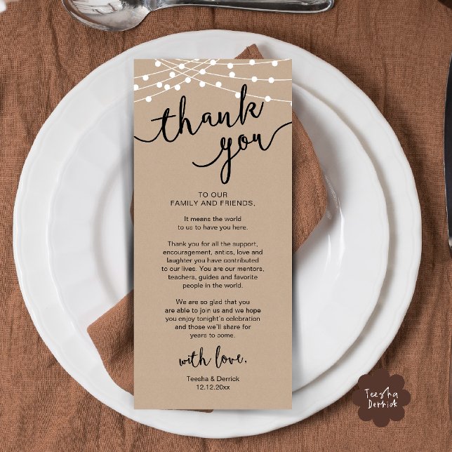 Rustikales Hochzeitsplatz Abendessen dank Karte (Rustic Wedding Place Setting Rehearsal Dinner Thank you Card in brown kraft string lights theme)