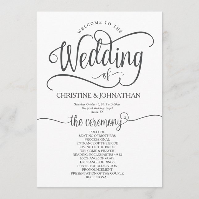 Rustikales Hochzeitsprogramm 12x18 kalligrafisches Programm (Vorderseite)