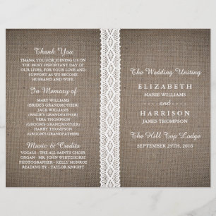 Rustikales Hochzeitsprogramm für Burlap und Vintag
