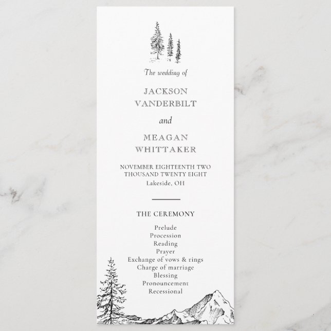 Rustikales Hochzeitsprogramm für die Bergwald-Hoch Programm (Vorderseite)