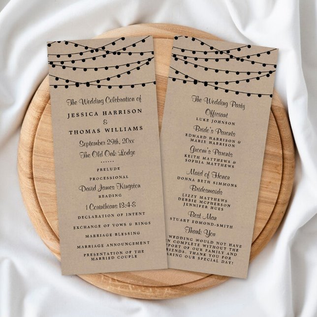 Rustikales Hochzeitsprogramm für Kraft-String-Lich Werbekarte (Von Creator hochgeladen)