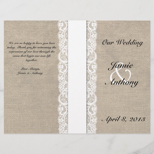 Rustikales Hochzeitsprogramm für Lace & Burlap Whi (Vorderseite)