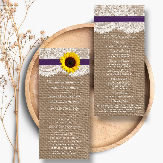 Rustikales Hochzeitsprogramm für Lila Sonnenblumen Werbekarte (Von Creator hochgeladen)