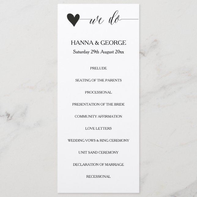 Rustikales Hochzeitsprogramm Herz-Kalligrafie Programm (Vorderseite)