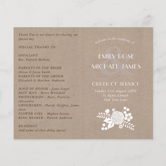 Rustikales Hochzeitsprogramm, Reihenfolge der Dien (Vorderseite)