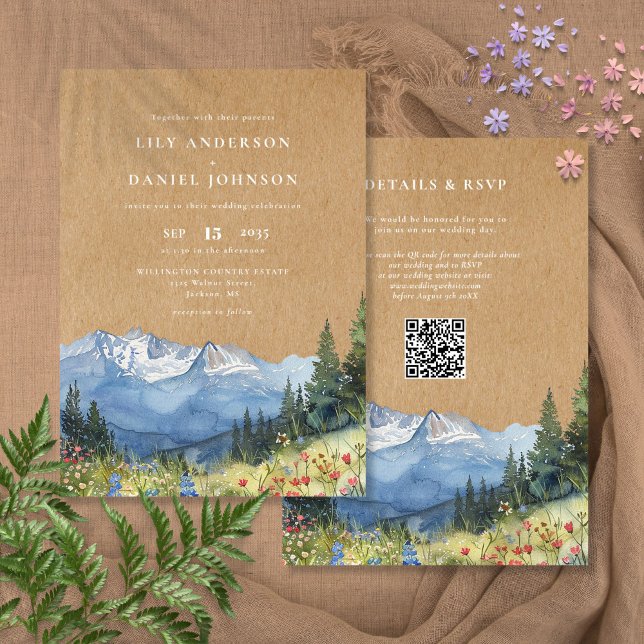 Rustikales Hochzeitszeugnis für Wasserfarben Einladung (Rustic Watercolor Mountain Floral QR Code Wedding Invitation)