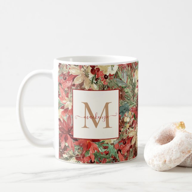 Rustikales Holiday Poinsettia Weihnachtsmonogramm Kaffeetasse (Mit Donut)