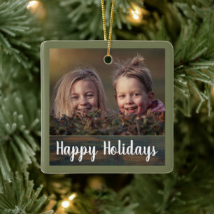 Rustikales Holiday Script Custom Family Foto Keramikornament