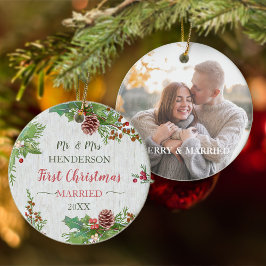 Rustikales Holly Pine Newlyweds zweiseitiges Custo Keramik Ornament
