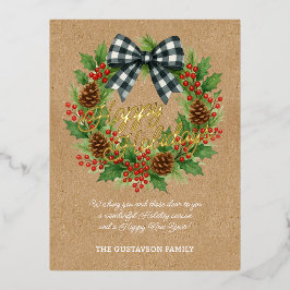 Rustikales Holly Wreath White Black Checkered Bow  Folien Feiertagspostkarte