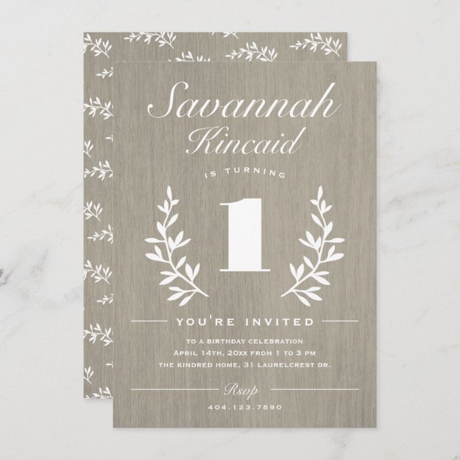 Rustikales Holz 1. Geburtstag Party Einladung (Vorne/Hinten)