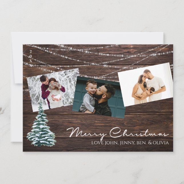 Rustikales Holz 3 Foto Frohe Weihnachtskarte mit B Einladung (Vorderseite)