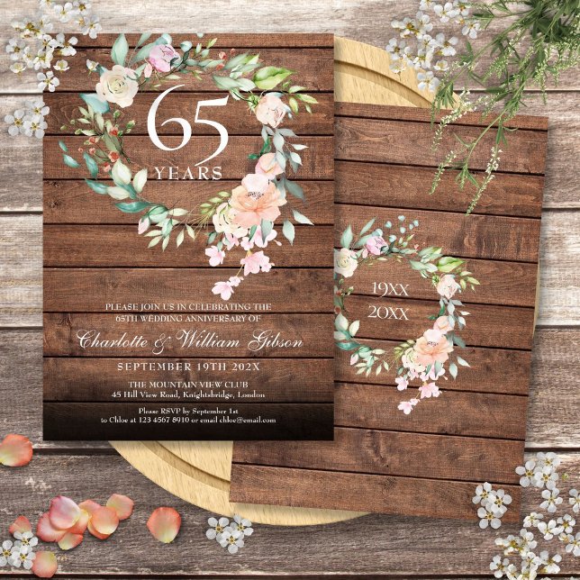 Rustikales Holz 45. 65. Hochzeitstag Blumenbeete Einladung (Rustic Wood 45th 65th Wedding Anniversary Floral Invitation)