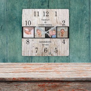 Rustikales Holz 4 Foto Collage Familienangebot Quadratische Wanduhr