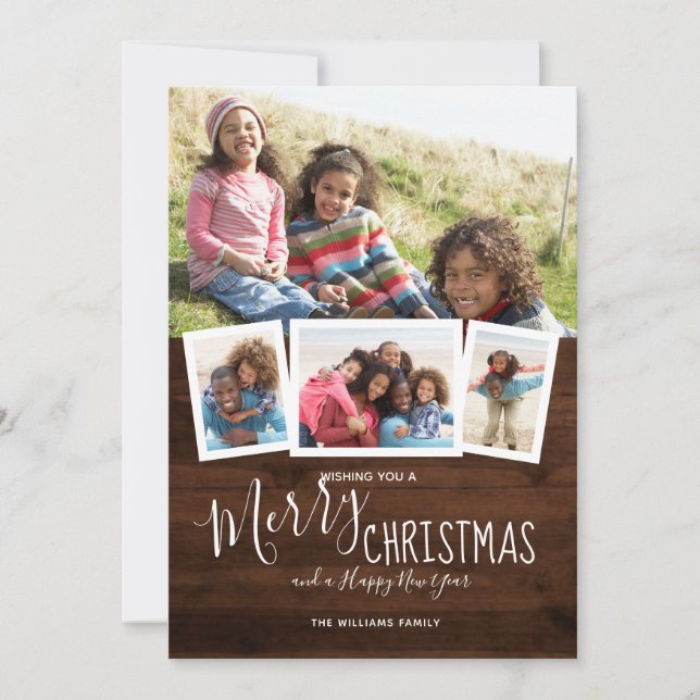 Rustikales Holz 4 Foto Collage Frohe Weihnachten (Vorderseite)