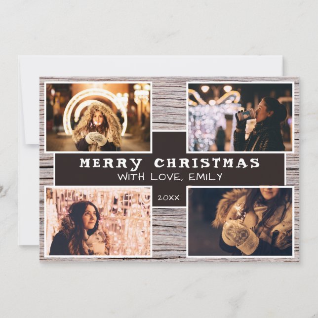 Rustikales Holz 4 Foto Collage Weihnachtsbild Karte (Vorderseite)