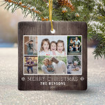 Rustikales Holz 6 Foto Collage Weihnachtsfamilie Keramikornament<br><div class="desc">Rustikales Holz 6 Foto Collage Weihnachten Familie Keramik Ornament. Rustikaler dunkler Holzboden,  6 Fotos,  Frohe Weihnachtswünsche,  Familienname und Jahr. Fügen Sie 6 beliebte Fotos hinzu und passen Sie den Text an. Liebliche Weihnachtsweih oder Geschenk für Ihre Familie und Freunde.</div>