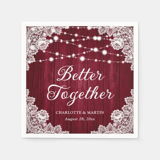 Rustikales Holz an der Spitze Lichter Burgundy Wed Serviette (Vorderseite)