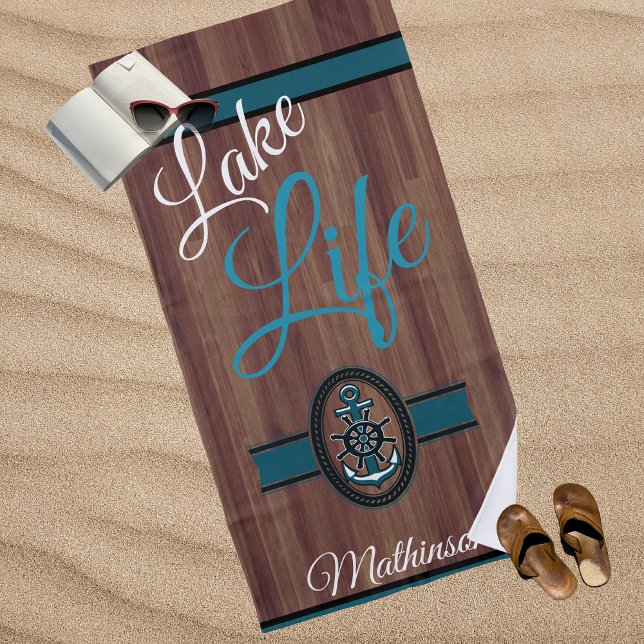 Rustikales Holz Aquamarin Blue Lake Life mit Monog Strandtuch (Von Creator hochgeladen)