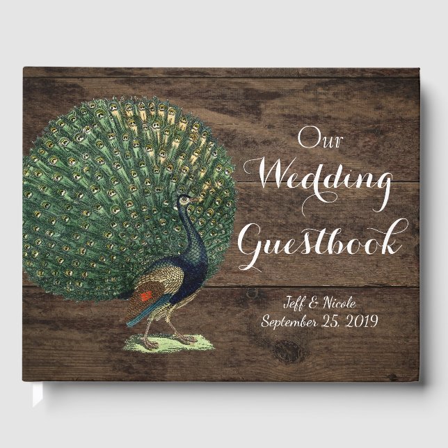 Rustikales Holz Aquamarin Feather Peacock Wedding Gästebuch (Vorderseite)