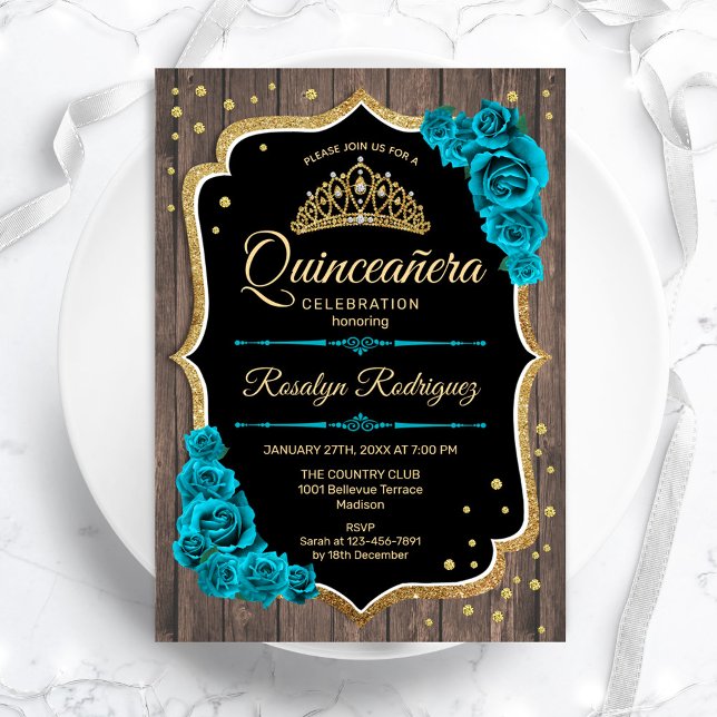 Rustikales Holz Aquamarin Gold Quinceanera Einladung (Von Creator hochgeladen)