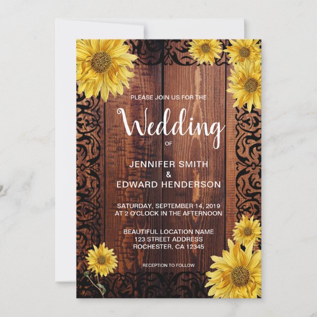 Rustikales Holz Aquarell Sonnenblumen Jahrgang Hoc Einladung (Vorderseite)
