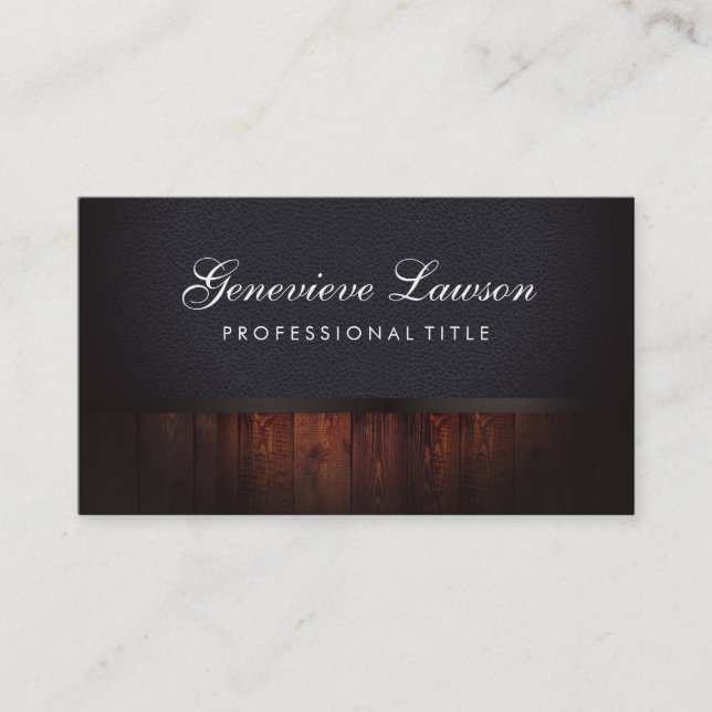 Rustikales Holz aus schwarzem Leder und eleganter  Visitenkarte (Vorderseite)