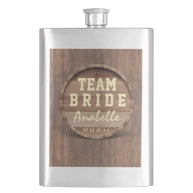 Rustikales Holz-Barrel-Gastgeschenk Hochzeit TEAM  Flachmann (Vorderseite)