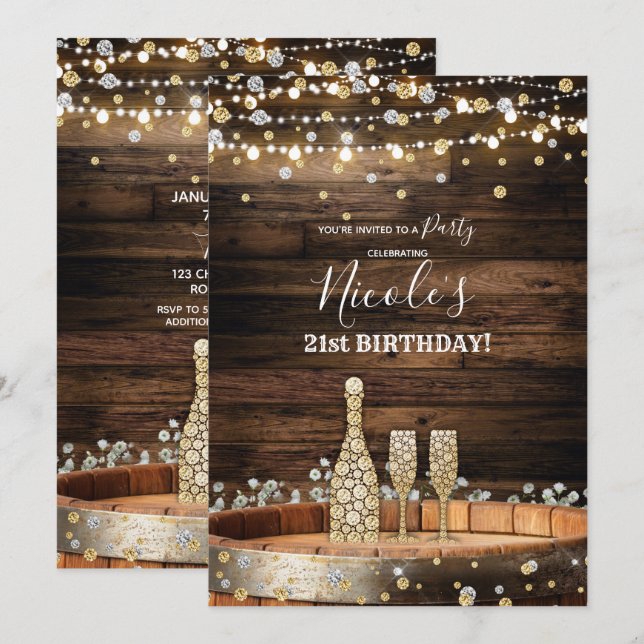 Rustikales Holz Barrel Lights Champagne Geburtstag Einladung (Vorne/Hinten)