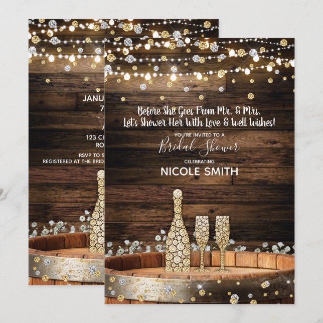 Rustikales Holz Barrel Lights Champagner Brautpart Einladung (Vorne/Hinten)