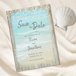 Rustikales Holz Beach Ocean Wedding String Lights Save The Date