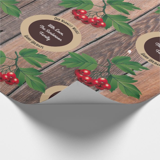 Rustikales Holz, Berries & Personalisierung Weihna Geschenkpapier (Ecke)