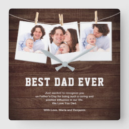 Rustikales Holz Bester Vater je 3 FotoCollage Quadratische Wanduhr