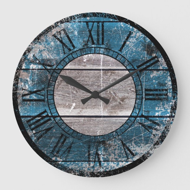 Rustikales Holz (blau) Große Wanduhr (Vorderseite)