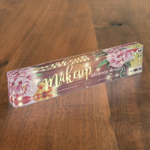 Rustikales Holz Blumengesteck Lichter Makeup Salon Namensplakette