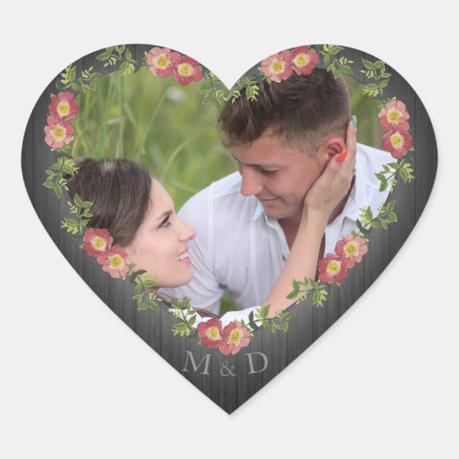 Rustikales Holz Blumenherz Foto Herz Herz-Aufkleber (Vorderseite)