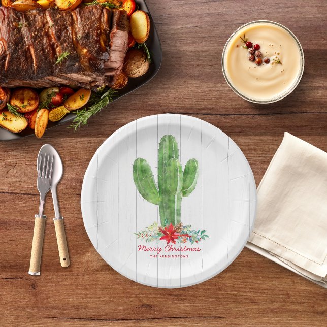 Rustikales Holz Blumenkaktus Weihnachten Pappteller (Rustic Wood Floral Cactus Christmas Paper Plates)