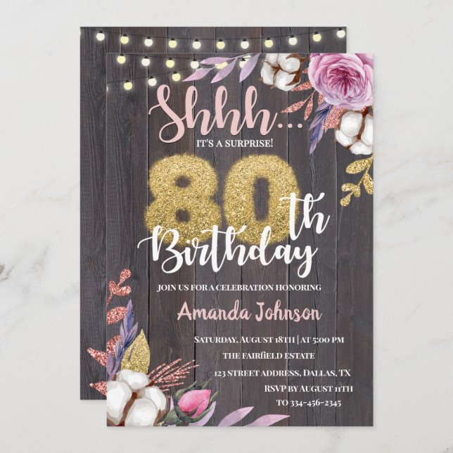 Rustikales Holz Blumenwolle 80. Geburtstag Einladu Einladung (Vorne/Hinten)