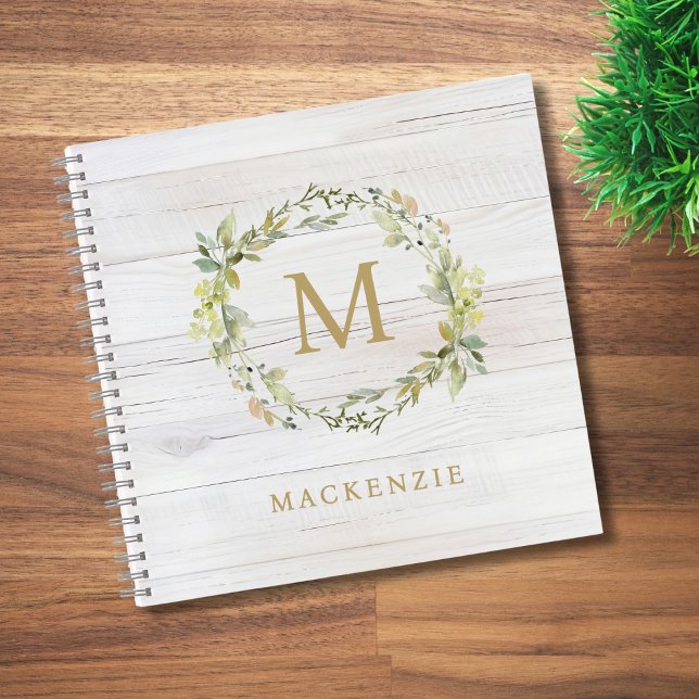Rustikales Holz Blumiges Wasserfarben-Monogramm Notizbuch (Von Creator hochgeladen)