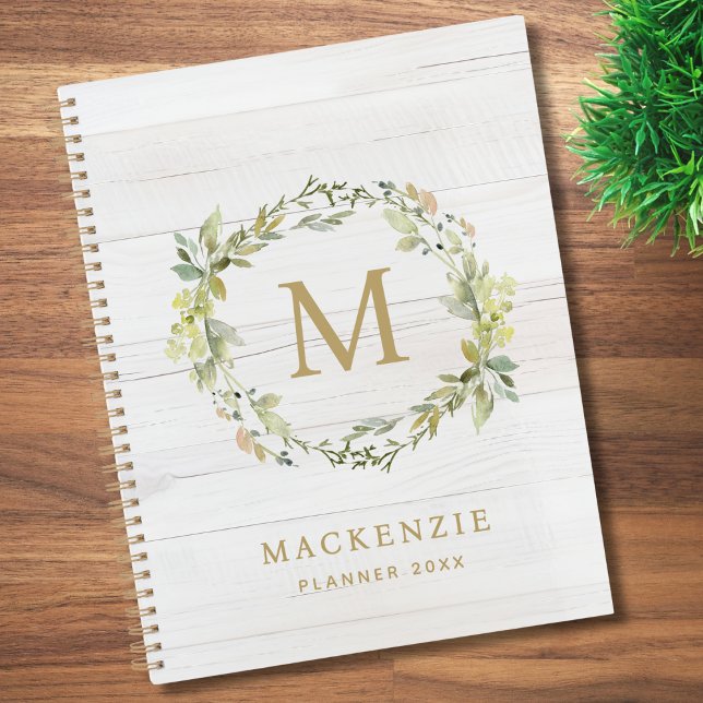 Rustikales Holz Blumiges Wasserfarben-Monogramm Planer (Von Creator hochgeladen)