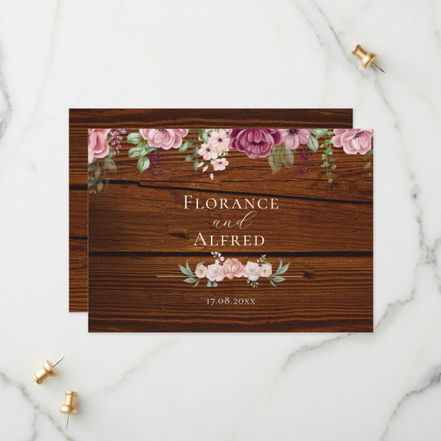 Rustikales Holz Blütenblütenhochzeit Save The Date (Vorderseite/Rückseite Beispiel)