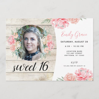 Rustikales Holz Boho Floral Sweet 16 Geburtstag Ei Einladung