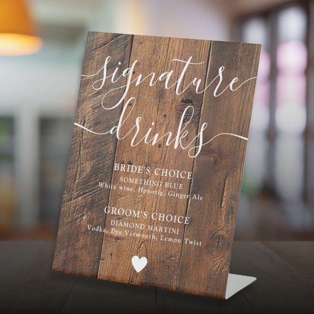 Rustikales Holz Boho Stall Signature Drinks Sockelschild (Rustic Wood Boho Barn Signature Drinks Pedestal Sign)