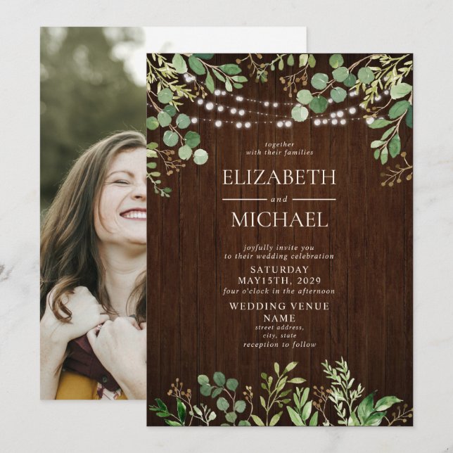 Rustikales Holz Botanicals String Lights Foto Hoch Einladung (Vorne/Hinten)