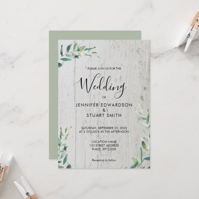 Rustikales Holz botanische Aquarellfarben Blätter  Einladung (Vorderseite/Rückseite Beispiel)