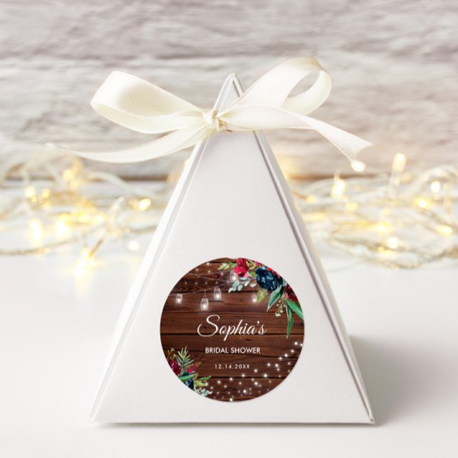 Rustikales Holz Burgund Blumenleuchten Bridal Runder Aufkleber (Von Creator hochgeladen)